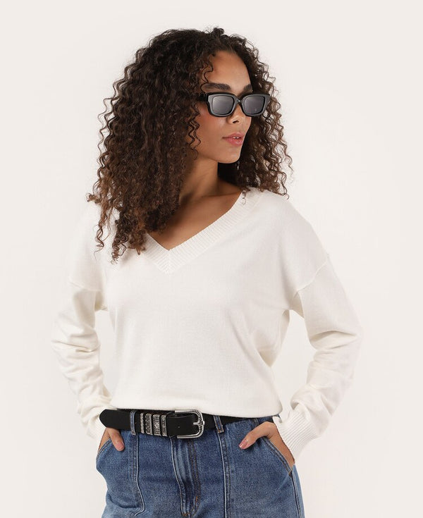 Martina Women's V-Neck Knit Sweater - White | Pool Basics