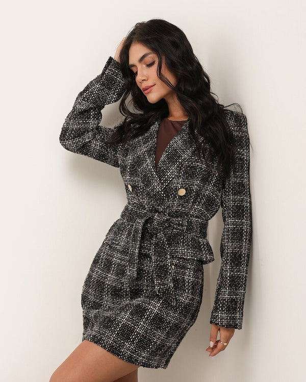 Women's tweed coat with buttons and black belt