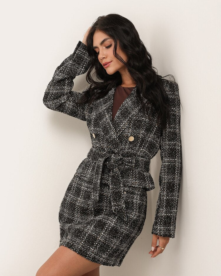 Women's tweed coat with buttons and black belt