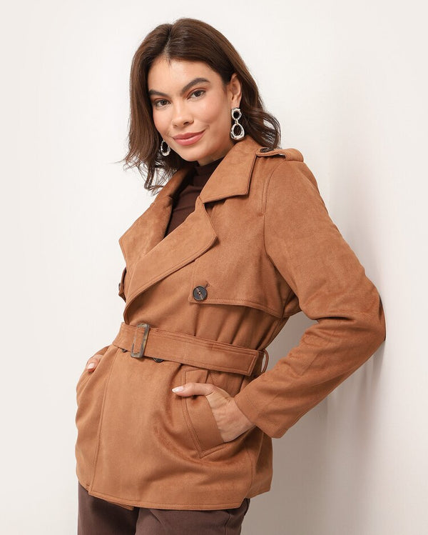 Women's short suede trench coat with brown belt