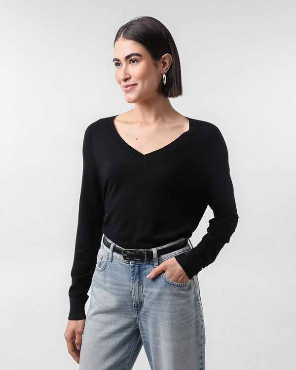 Women's loose-fitting long-sleeved V-neck sweater - Black |
